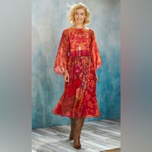 Soft Surroundings Cavatina Smocked Crinkle Chiffon Midi Dress in Red Multi NWOT